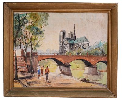 Pierre Montell - French Notre Dame Bridge Scene. Item/Description: Original Mid Century 