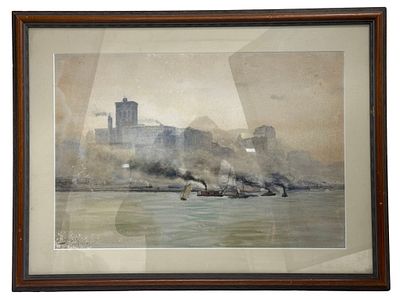 James Henry Moser - Harbor Scene Watercolor. Item/Description: American maritime and harbor 