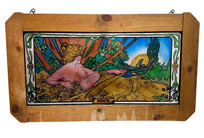 After Mucha - Art Nouveau Painted Glass Panel. Item/Description: Painted glass panel after 