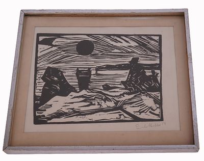1914 Erich Heckel 'Sunrise' Woodcut Etching. Item/Description: Framed woodcut print artwork 