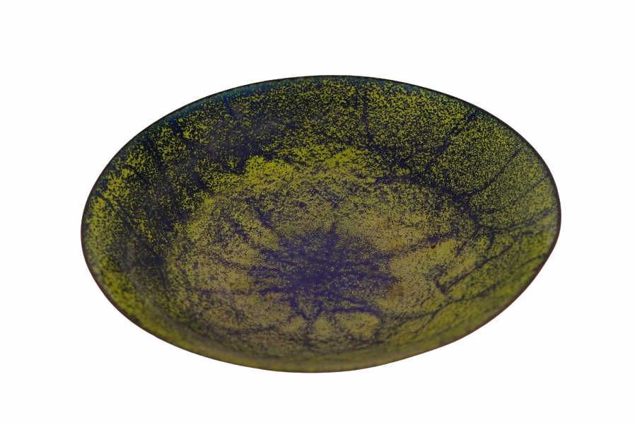Mid Century Modern Enamel on Copper Bowl. Item/Description: Yellow and blue enameled copper 
