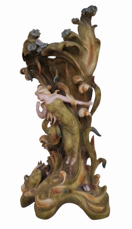 German Art Nouveau Saxony Porcelain Vase. Item/Description: German polychromed porcelain Saxony 