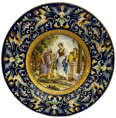 19th C Italian Majolica Charger - 25 in Diameter. Item/Description: Large allegorical Italian 