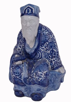 Japanese Seated Blue & White Kutani Jurojin. Item/Description: Fitz &amp; Floyd Japanese Kutani 