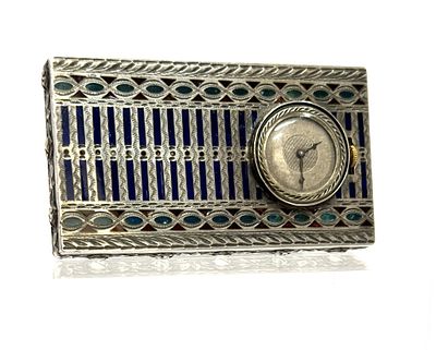 Silver Art Deco Cigarette Case with Clock. Item/Description: French enamel, sterling and .935 