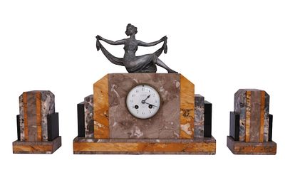 Art Deco French Marble Mantle Clock Garniture. Item/Description: French Art Deco marble mantle 