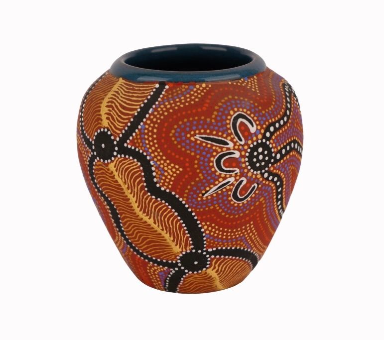Australian Blue Gum Designs Ceramic Vase. Item/Description: Australian Aboriginal contemporary 