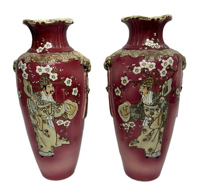 Japanese Pigeon Blood Satsuma-Style Vases. Item/Description: Pair of antique Japanese 