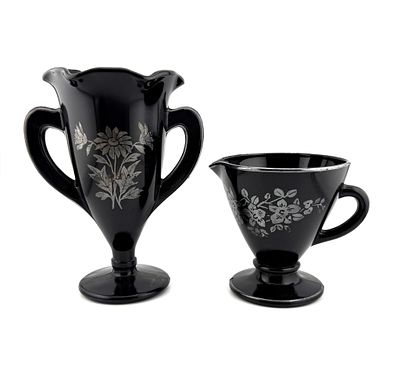 Art Deco Sterling Overlay Black Glass Cups. Item/Description: 1930s Art Deco creamer and loving 