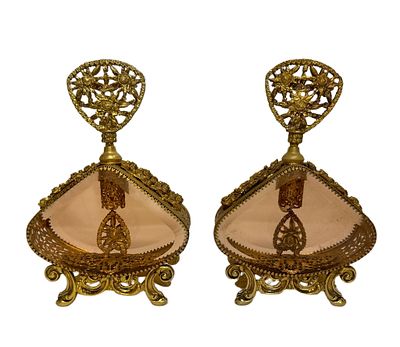 Hollywood Regency Ormolu Filigree Perfume Bottles. Item/Description: Ornate pair of Hollywood 