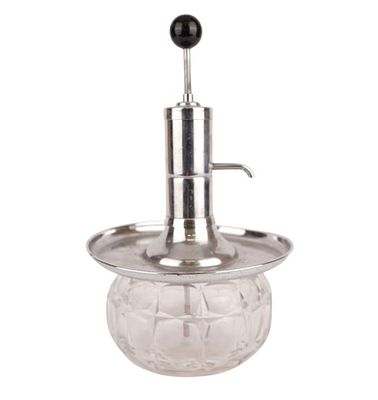 Park Sherman Chrome Pump Liquor Dispenser. Item/Description: Mid-Century Modern, pressed glass 