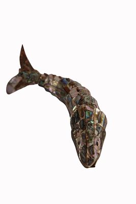 Mexican Abalone Articulated Fish Bottle Opener. Item/Description: Handmade mother-of-pearl 