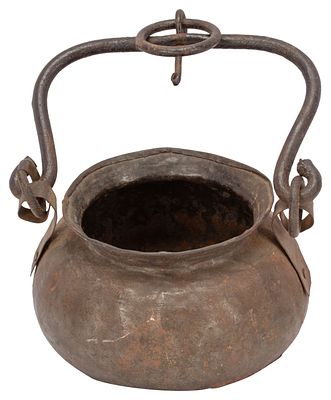 Hanging Hammered Copper Fireplace Cauldron. Item/Description: Antique hammered copper hanging 