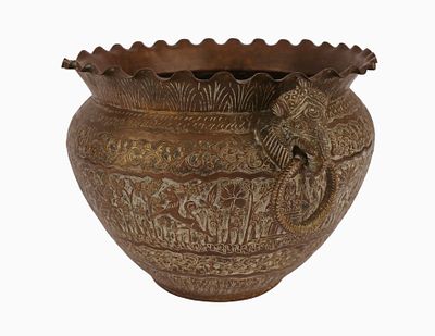 Antique Indian Engraved Brass Planter Pot. Item/Description: Antique 19th-century Indian 