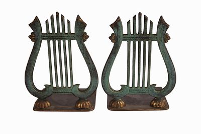 Pair Israeli Verdigris Brass Harp / Lyre Bookends. Item/Description: Set of two brass musical 