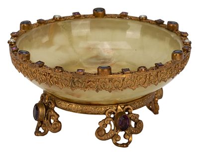 Gilt Brass & Onyx Jeweled Centerpiece. Item/Description: Austrian footed compote in onyx marble 