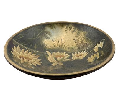 Pond Scene Hand Painted Wooden Bowl. Item/Description: Decorative wooden bowl features a serene 
