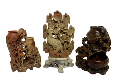 Chinese Hand-Carved Soapstone Sculptures. Item/Description: Grouping of three hand-carved 