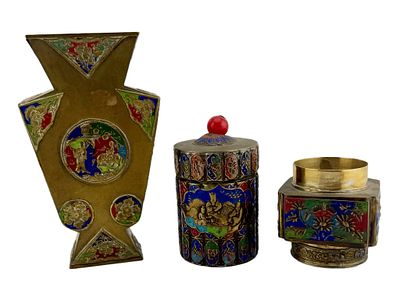Chinese Qing Bronze Champleve Vessels. Item/Description: Three-piece grouping of decorative cast 