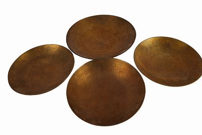 Chinese Brass Engraved Dragon Dishes. Item/Description: Four Chinese brass dishes, engraved with 
