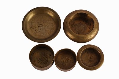 Chinese Etched Brass Dishes. Item/Description: Intricately etched vintage Chinese brass vessels 