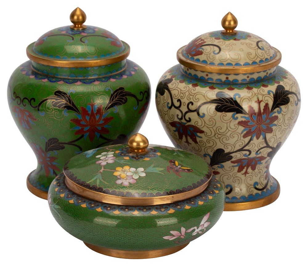 Three Chinese Cloisonne Covered Jars. Item/Description: Collection of three lidded vessels in 