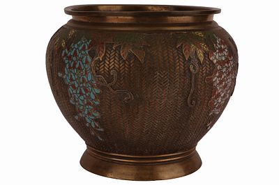 Japanese Bronze Champleve Planter. Item/Description: Japanese hand-decorated bronze champleve 