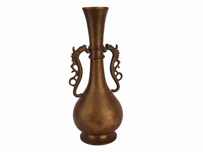 Japanese Meiji Bronze Dragon Vase. Item/Description: Patinated bronze vase of slender baluster 