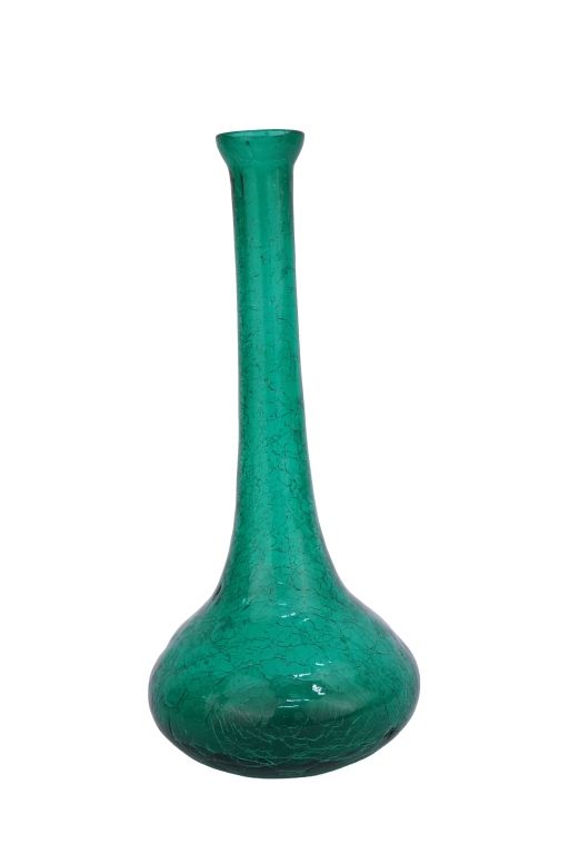 MCM Green Crackle Glass Vase. Item/Description: Mid-century modern hand-blown crackle glass vase 