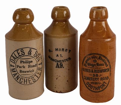 Salt-Glazed Stoneware Ginger Beer Bottles. Item/Description: Group of three antique North West 