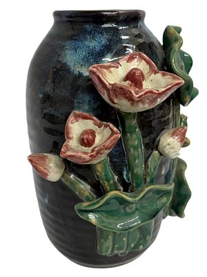 Majolica Ceramic Art Vase - Lotus Blossoms. Item/Description: Handcrafted ceramic vase featuring 