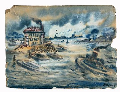 Fauvist Industrial Harbor Scene Painting. Item/Description: Mid-century Expressionist or 