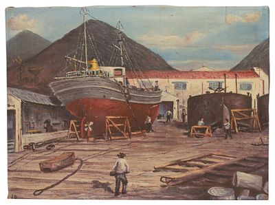 Industrial Shipyard Scene Oil on Canvas. Item/Description: Signed, maritime industry folk art 