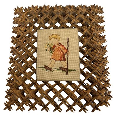 Vintage Needlepoint Artwork in Tramp Art. Item/Description: Hand-stitched needlepoint depicting 