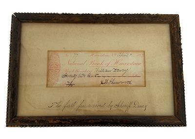 Framed 1897 Haverstraw Bank Check – Sheriff Dewey. Item/Description: Historic framed document 
