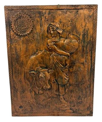 Pastoral Copper High Relief Plaque. Item/Description: Copper relief wall art plaque featuring a 