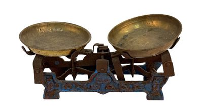 Antique Roberval Balance Scale with Brass Pans. Item/Description: Antique double pan balance 