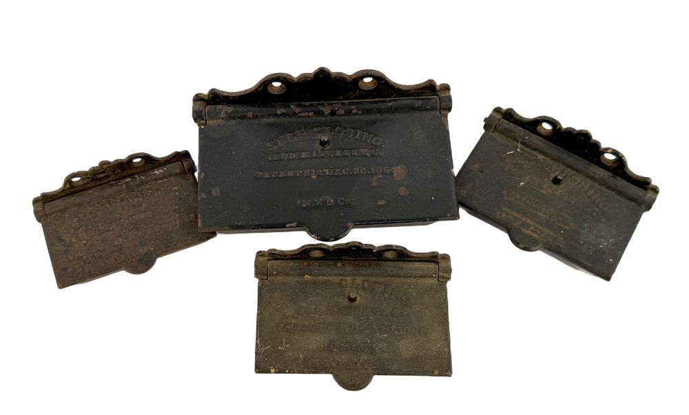 Antique Cast Iron Wall Match Safes. Item/Description: Collection of five Civil War-era cast iron 