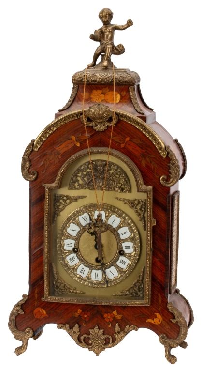 French Boulle-Style Bracket Clock. Item/Description: Mixed wood marquetry and parquetry inlaid 