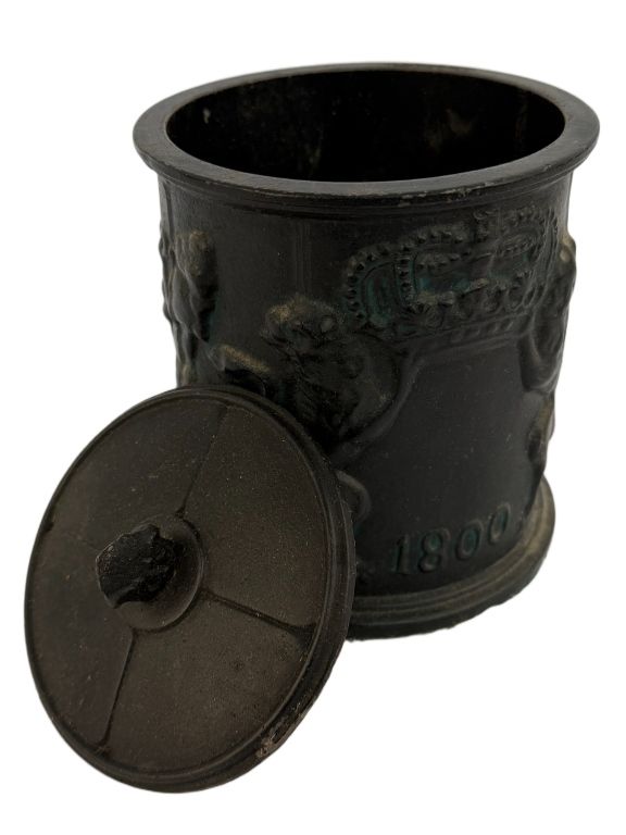 20th c. Swedish Cast Iron Tavern Scene Tobacco Jar. Item/Description: Antique Swedish cast iron 