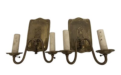 Pair of Arts & Crafts Brass Wall Sconces. Item/Description: Pair of brass double-candle electric 