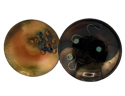 Kareka & Oli Enamel-on-Copper Trinket Dishes. Item/Description: Two mid-century modern enamel on 