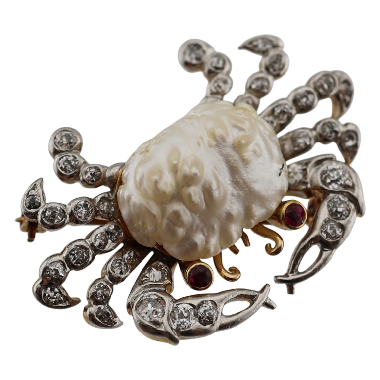 Gold Platinum Diamond & Pearl Crab Pin Pendant