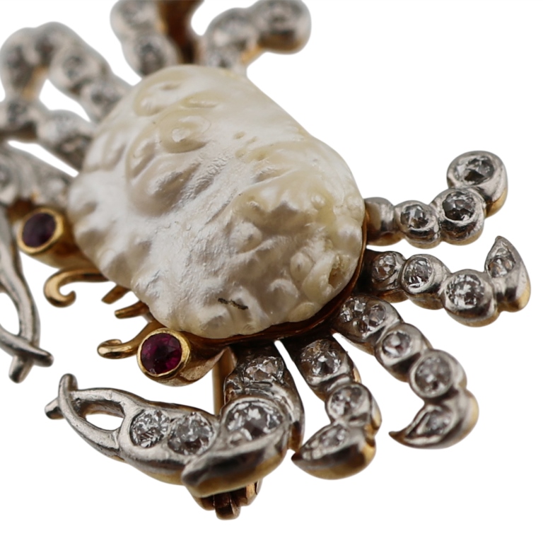 Gold Platinum Diamond & Pearl Crab Pin Pendant