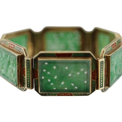 14K Carved Jade Enamel Panel Bracelet. Item/Description: Fabulous Asian inspired 14K gold 