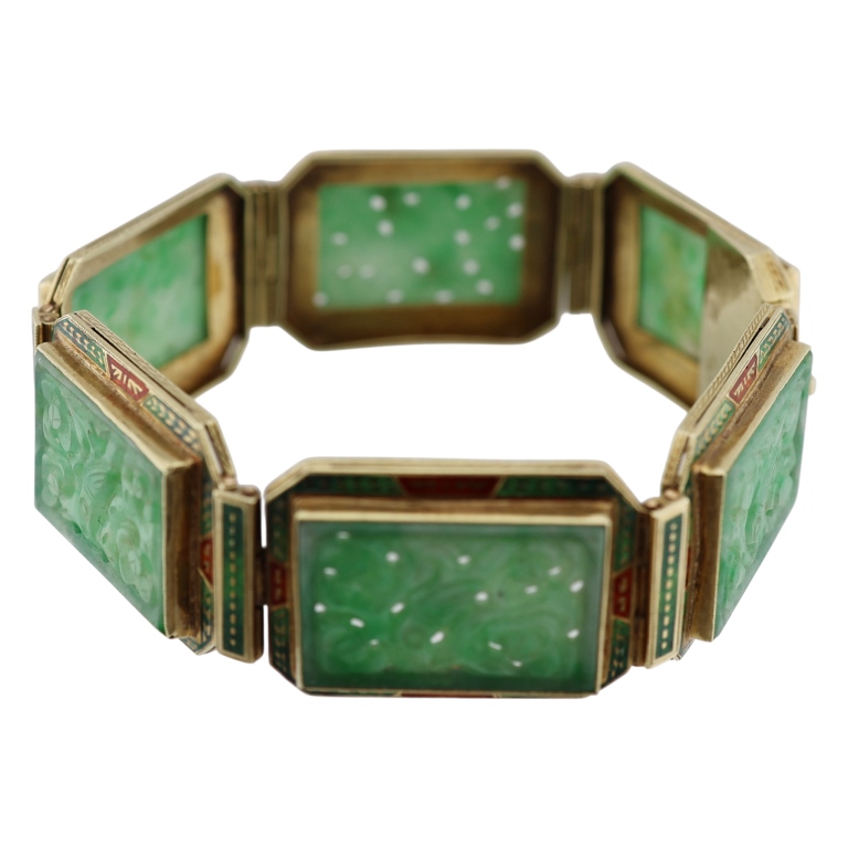 14K Carved Jade Enamel Panel Bracelet