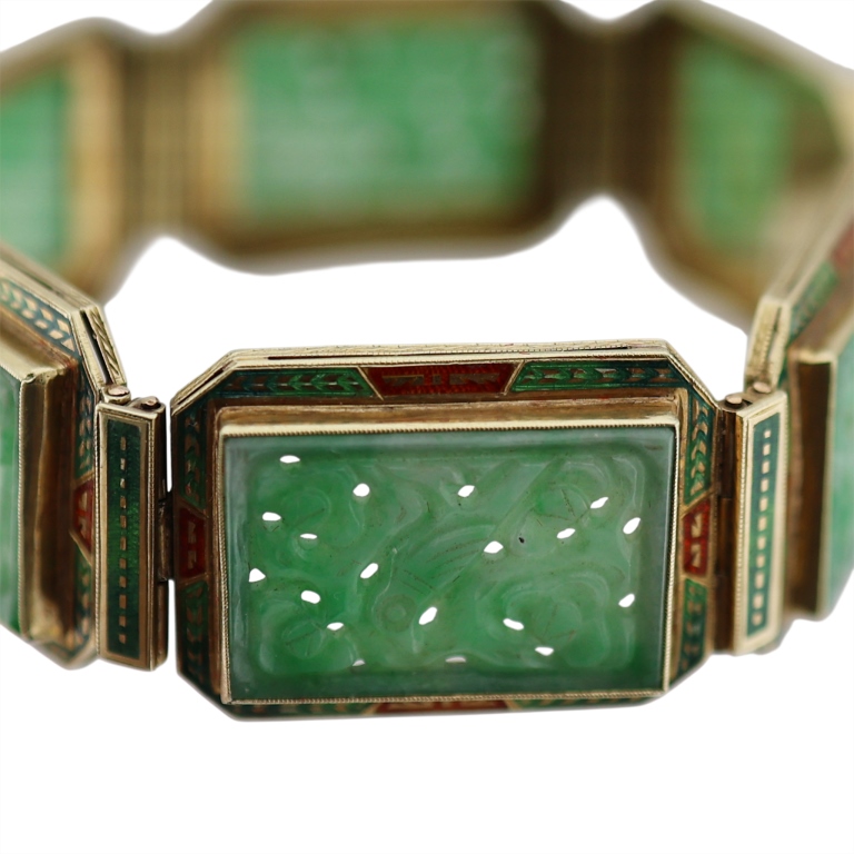 14K Carved Jade Enamel Panel Bracelet
