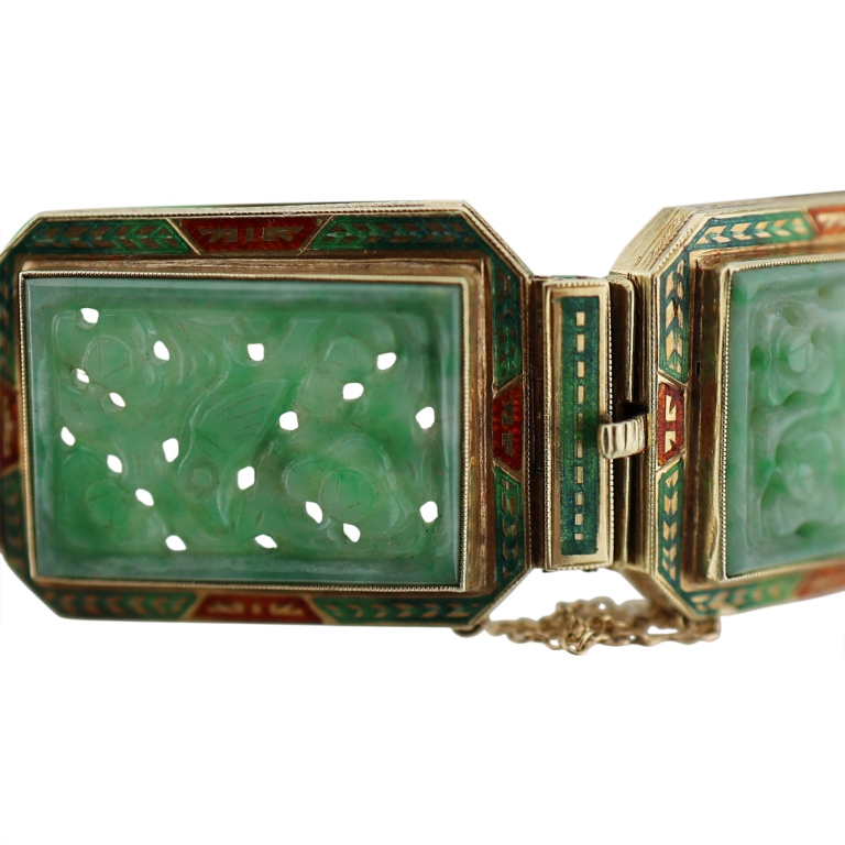 14K Carved Jade Enamel Panel Bracelet