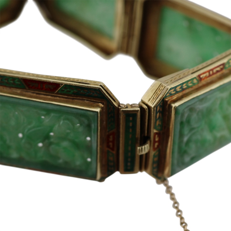 14K Carved Jade Enamel Panel Bracelet