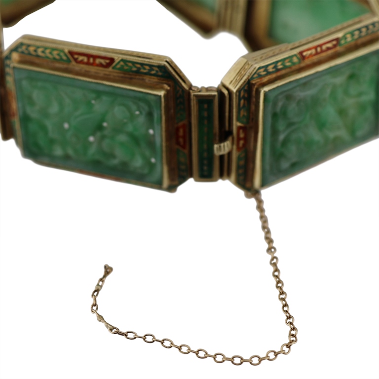 14K Carved Jade Enamel Panel Bracelet